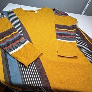 Long-Sleeve Shirt Size Small Mustard Multi-Stripe Color Block Crew Neck
